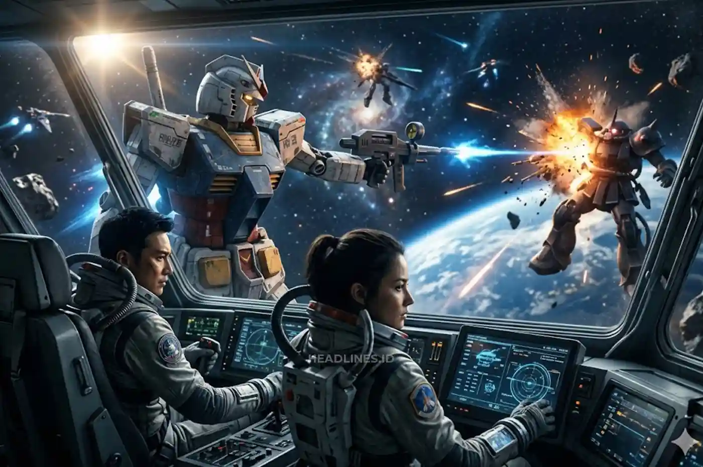 Adegan ilustrasi film live-action Gundam berlatar perang luar angkasa.